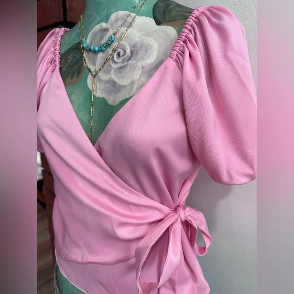 WAYF Tie Waist wrap blouse, pink, size XS - Picture 4 of 7